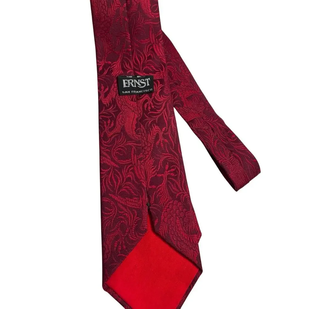 Vtg Necktie ERNST SF Union wide burgundy/red brocade floral/dragon design